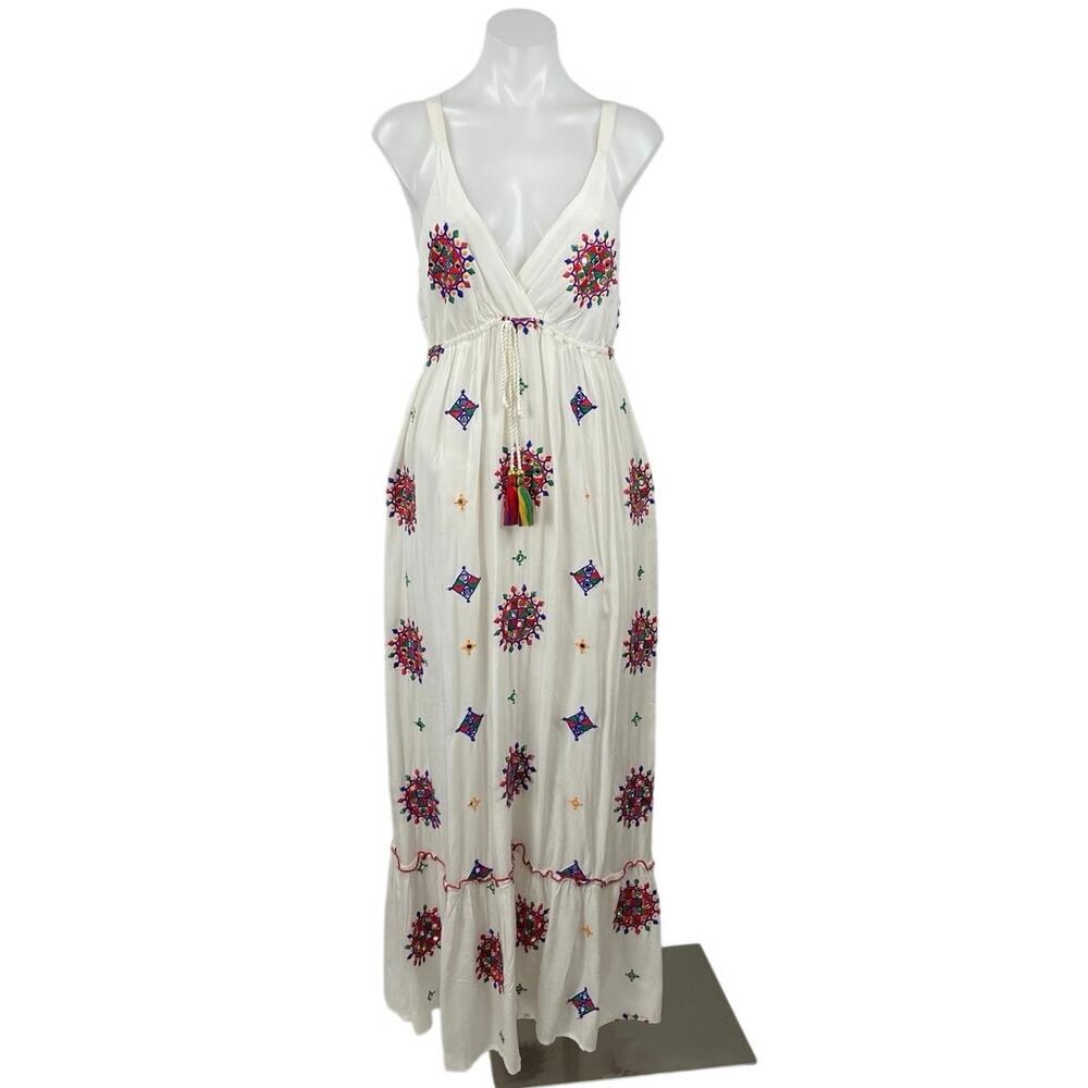 Ananta White Embroidered Tassel Sleeveless Boho Summer A Line Maxi Dress L/XL